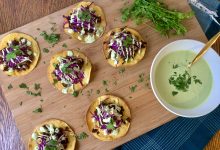 Carnitas Tostadas on Wooden Board with Sauce